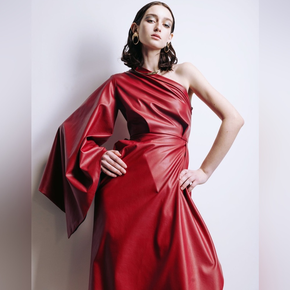 Julia Allert Red Soft Faux Leather Midi Dress